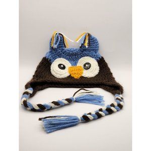 Infant Boy's Hand Crocheted Owl Winter Cap Hat  Blue Brown White
